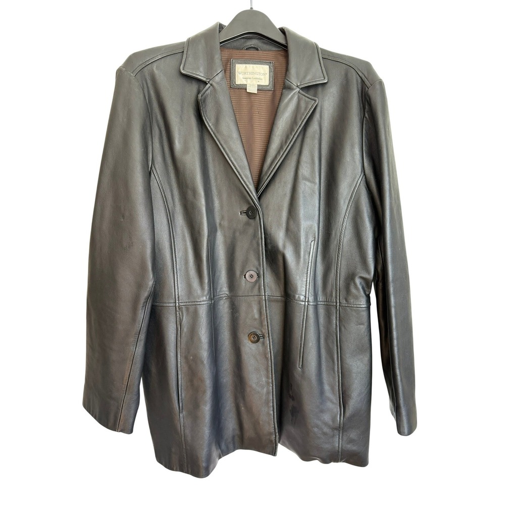 Worthington Black Genuine Lambskin Leather Blazer Jacket Womens XL 3-Button Coat